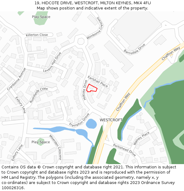 19, HIDCOTE DRIVE, WESTCROFT, MILTON KEYNES, MK4 4FU: Location map and indicative extent of plot