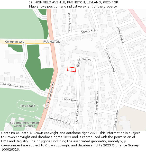 19, HIGHFIELD AVENUE, FARINGTON, LEYLAND, PR25 4GP: Location map and indicative extent of plot