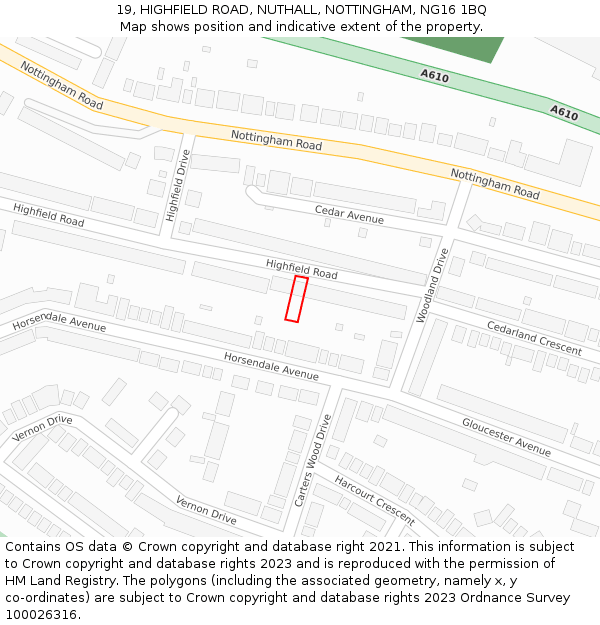 19, HIGHFIELD ROAD, NUTHALL, NOTTINGHAM, NG16 1BQ: Location map and indicative extent of plot