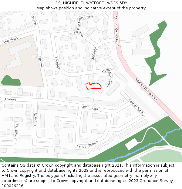 19, HIGHFIELD, WATFORD, WD19 5DY: Location map and indicative extent of plot