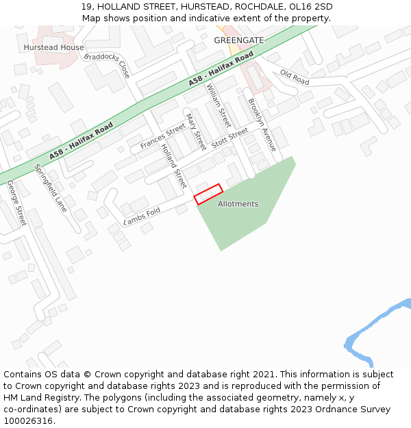 19, HOLLAND STREET, HURSTEAD, ROCHDALE, OL16 2SD: Location map and indicative extent of plot