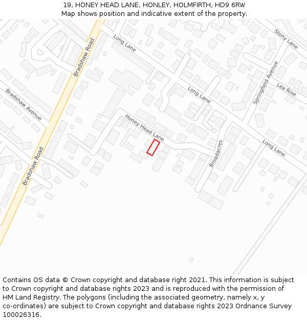 19, HONEY HEAD LANE, HONLEY, HOLMFIRTH, HD9 6RW: Location map and indicative extent of plot