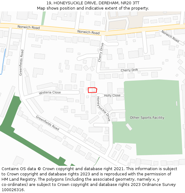 19, HONEYSUCKLE DRIVE, DEREHAM, NR20 3TT: Location map and indicative extent of plot