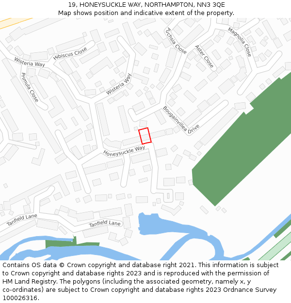 19, HONEYSUCKLE WAY, NORTHAMPTON, NN3 3QE: Location map and indicative extent of plot