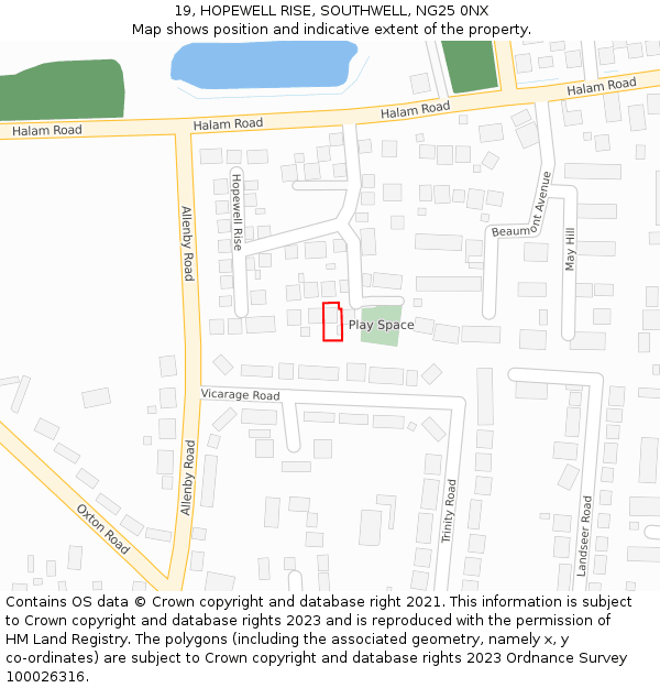 19, HOPEWELL RISE, SOUTHWELL, NG25 0NX: Location map and indicative extent of plot