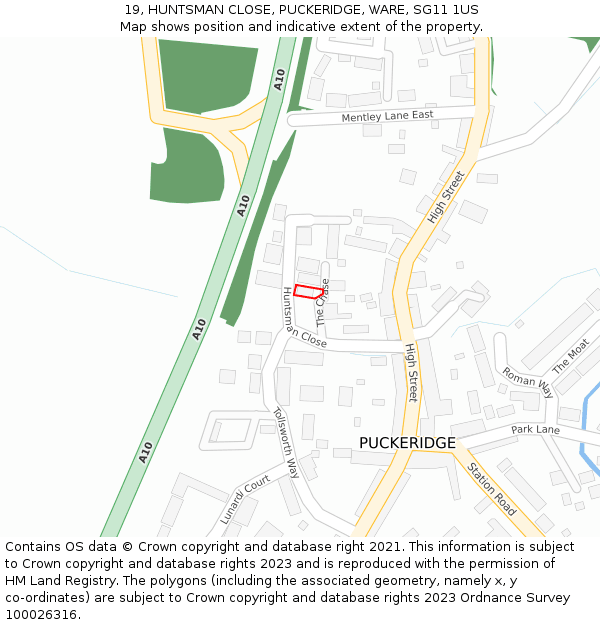 19, HUNTSMAN CLOSE, PUCKERIDGE, WARE, SG11 1US: Location map and indicative extent of plot