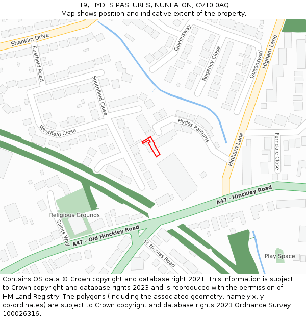 19, HYDES PASTURES, NUNEATON, CV10 0AQ: Location map and indicative extent of plot