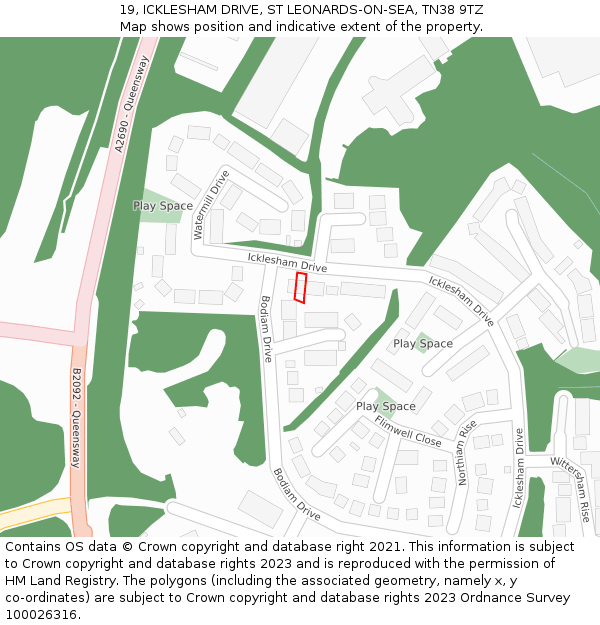 19, ICKLESHAM DRIVE, ST LEONARDS-ON-SEA, TN38 9TZ: Location map and indicative extent of plot