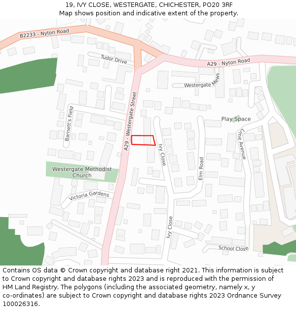 19, IVY CLOSE, WESTERGATE, CHICHESTER, PO20 3RF: Location map and indicative extent of plot