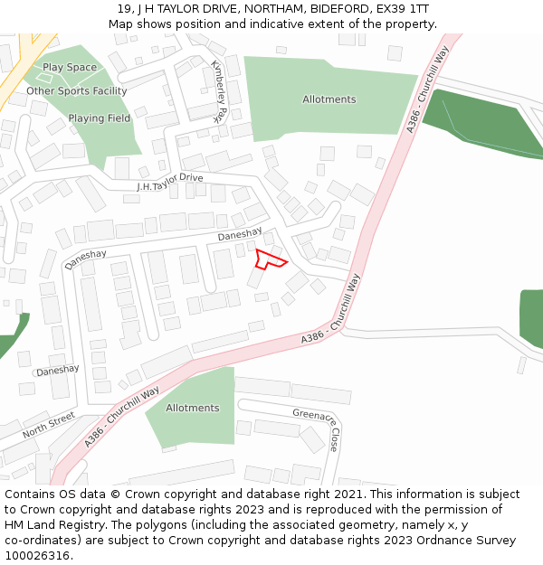 19, J H TAYLOR DRIVE, NORTHAM, BIDEFORD, EX39 1TT: Location map and indicative extent of plot