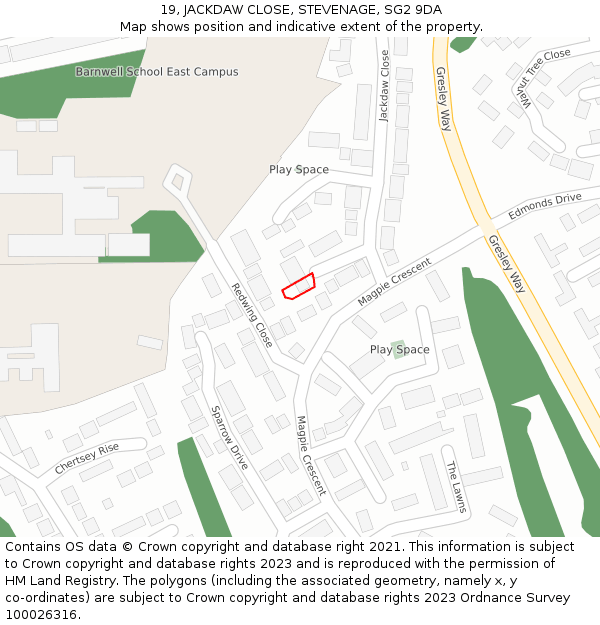 19, JACKDAW CLOSE, STEVENAGE, SG2 9DA: Location map and indicative extent of plot