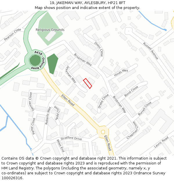 19, JAKEMAN WAY, AYLESBURY, HP21 8FT: Location map and indicative extent of plot