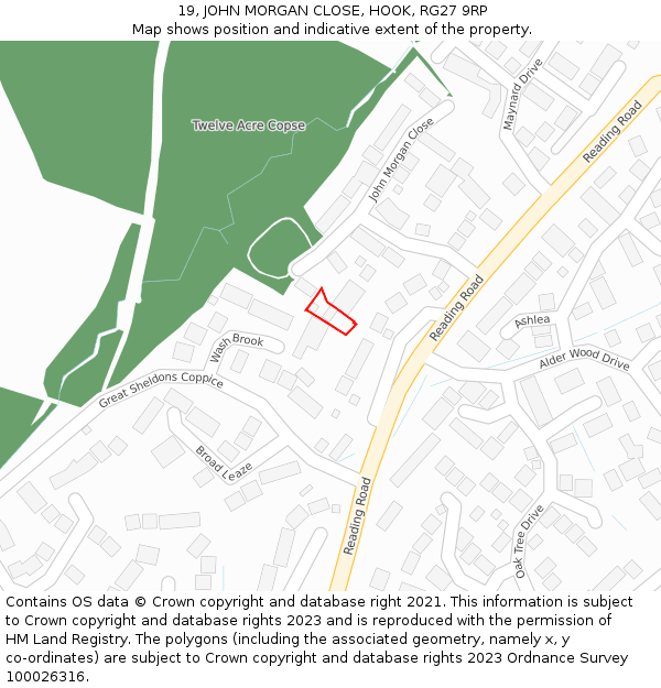 19, JOHN MORGAN CLOSE, HOOK, RG27 9RP: Location map and indicative extent of plot