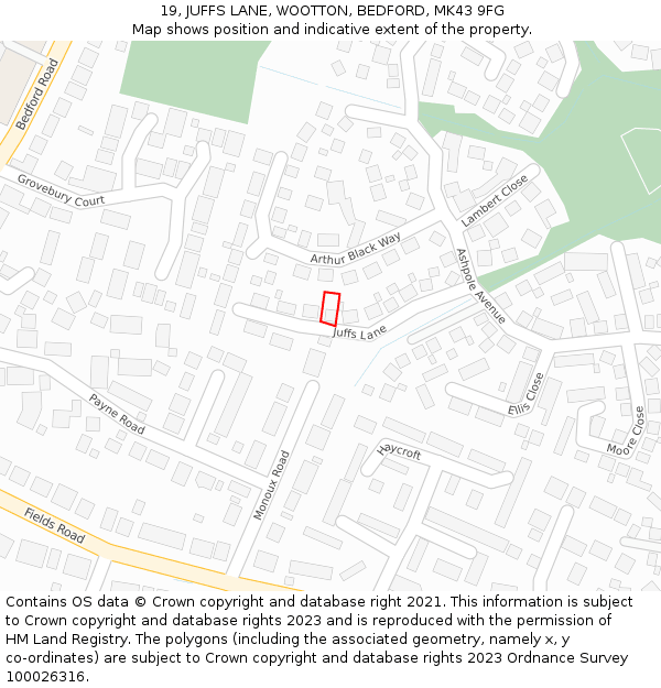 19, JUFFS LANE, WOOTTON, BEDFORD, MK43 9FG: Location map and indicative extent of plot