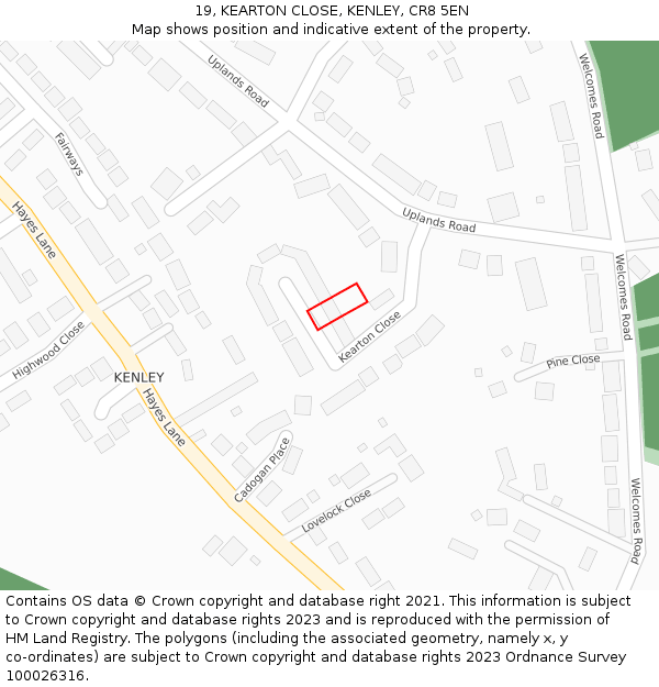 19, KEARTON CLOSE, KENLEY, CR8 5EN: Location map and indicative extent of plot