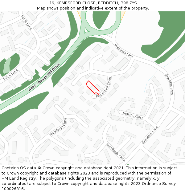 19, KEMPSFORD CLOSE, REDDITCH, B98 7YS: Location map and indicative extent of plot