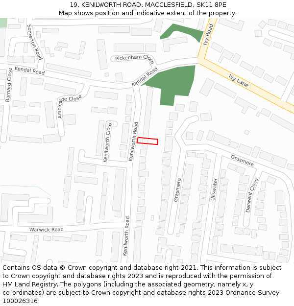 19, KENILWORTH ROAD, MACCLESFIELD, SK11 8PE: Location map and indicative extent of plot
