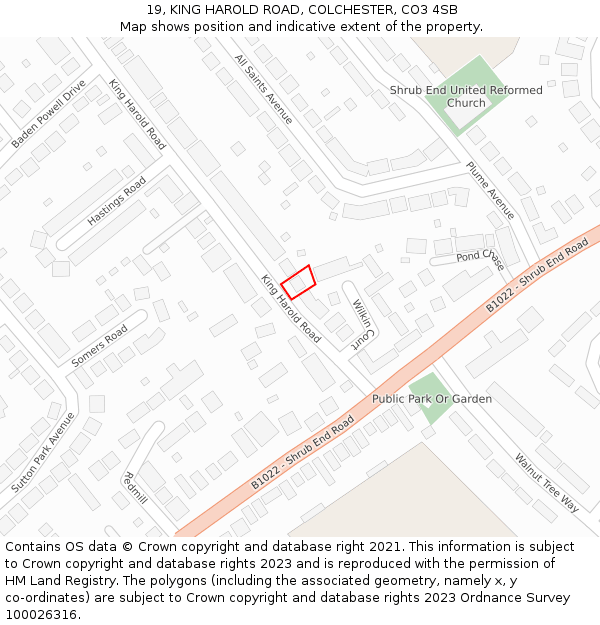 19, KING HAROLD ROAD, COLCHESTER, CO3 4SB: Location map and indicative extent of plot