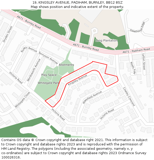 19, KINGSLEY AVENUE, PADIHAM, BURNLEY, BB12 8SZ: Location map and indicative extent of plot