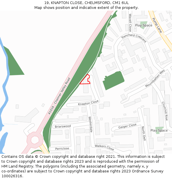19, KNAPTON CLOSE, CHELMSFORD, CM1 6UL: Location map and indicative extent of plot