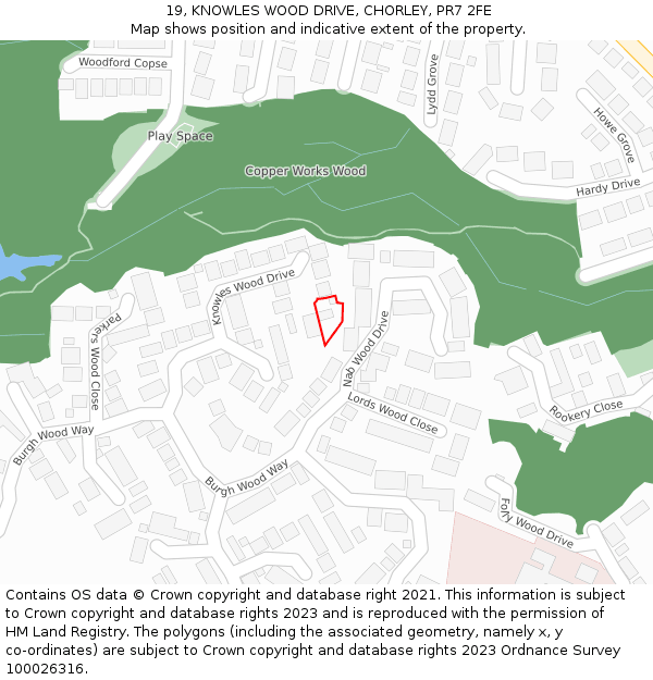 19, KNOWLES WOOD DRIVE, CHORLEY, PR7 2FE: Location map and indicative extent of plot