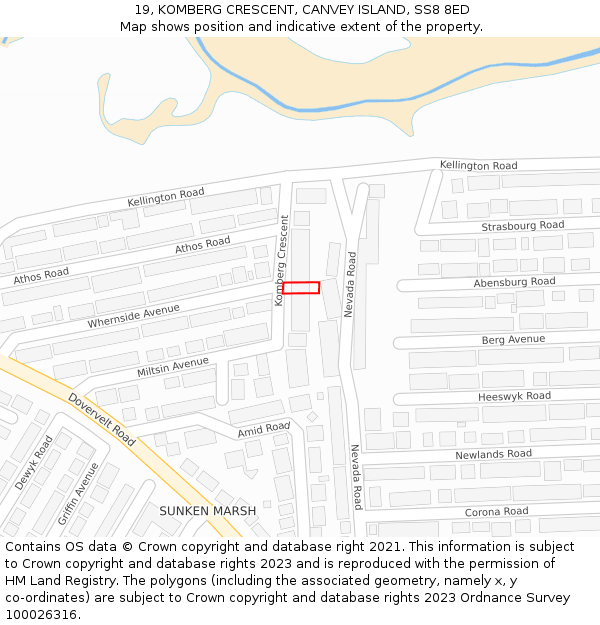 19, KOMBERG CRESCENT, CANVEY ISLAND, SS8 8ED: Location map and indicative extent of plot