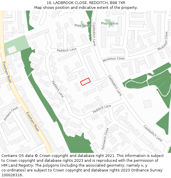 19, LADBROOK CLOSE, REDDITCH, B98 7XR: Location map and indicative extent of plot