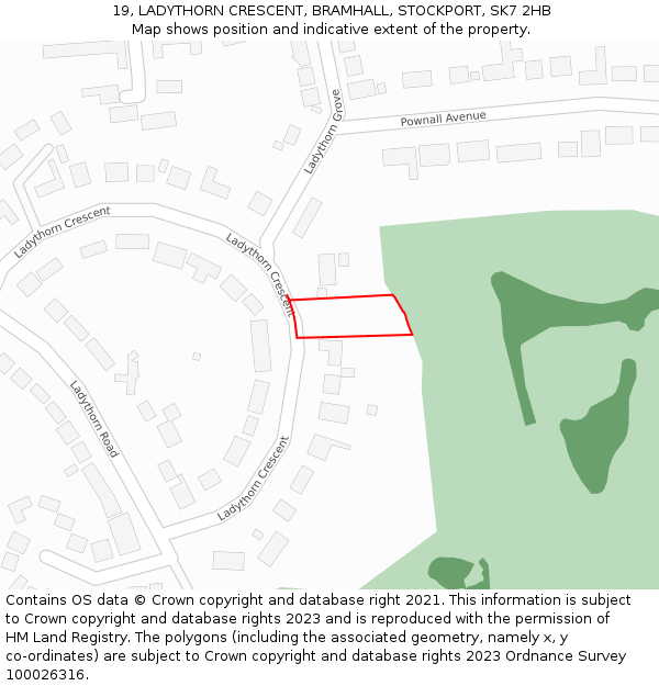 19, LADYTHORN CRESCENT, BRAMHALL, STOCKPORT, SK7 2HB: Location map and indicative extent of plot