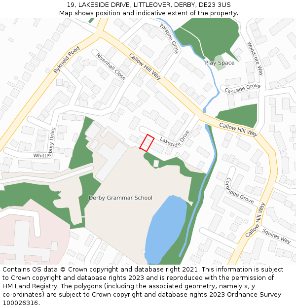 19, LAKESIDE DRIVE, LITTLEOVER, DERBY, DE23 3US: Location map and indicative extent of plot