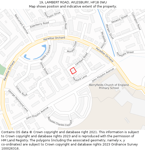 19, LAMBERT ROAD, AYLESBURY, HP18 0WU: Location map and indicative extent of plot