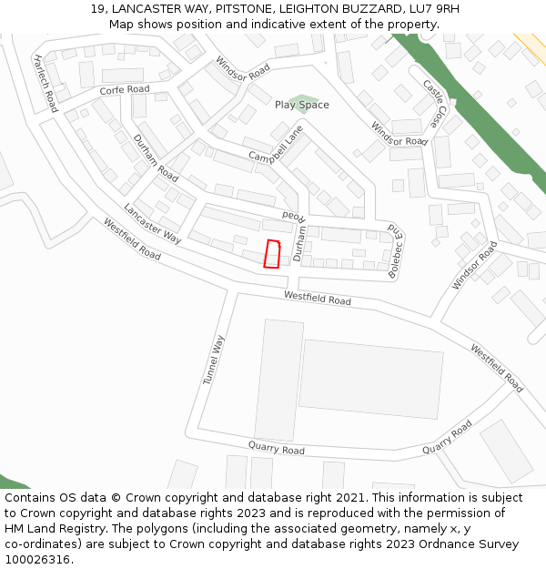 19, LANCASTER WAY, PITSTONE, LEIGHTON BUZZARD, LU7 9RH: Location map and indicative extent of plot