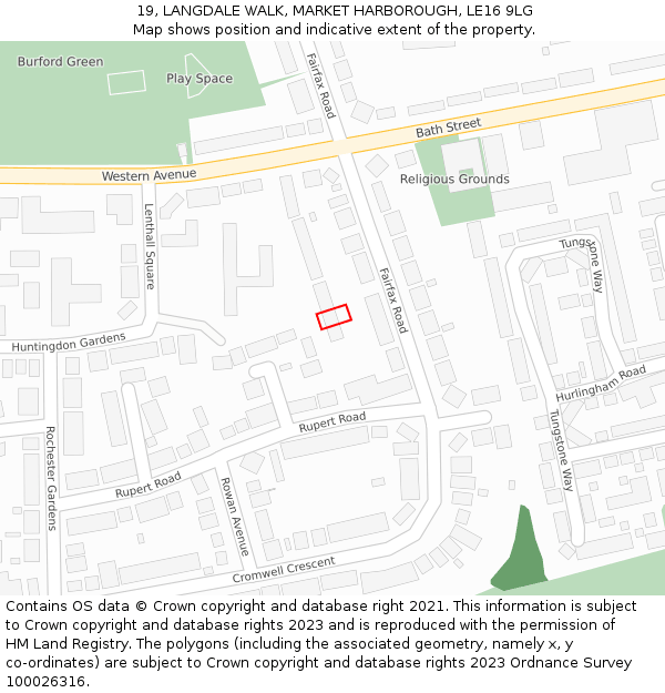 19, LANGDALE WALK, MARKET HARBOROUGH, LE16 9LG: Location map and indicative extent of plot