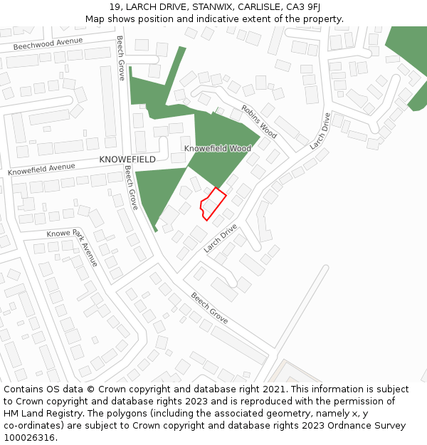 19, LARCH DRIVE, STANWIX, CARLISLE, CA3 9FJ: Location map and indicative extent of plot