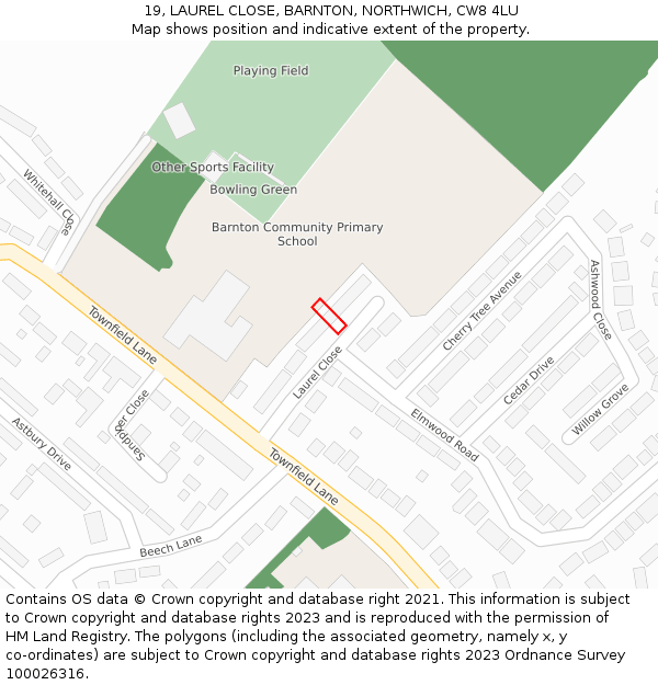 19, LAUREL CLOSE, BARNTON, NORTHWICH, CW8 4LU: Location map and indicative extent of plot
