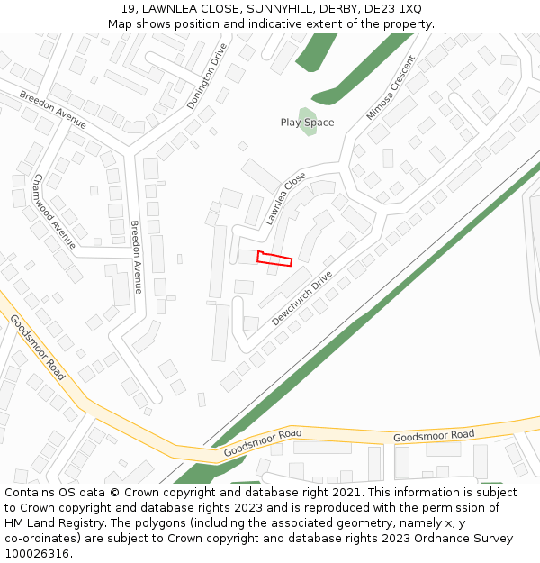19, LAWNLEA CLOSE, SUNNYHILL, DERBY, DE23 1XQ: Location map and indicative extent of plot