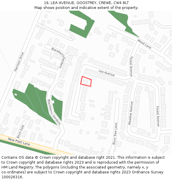 19, LEA AVENUE, GOOSTREY, CREWE, CW4 8LT: Location map and indicative extent of plot