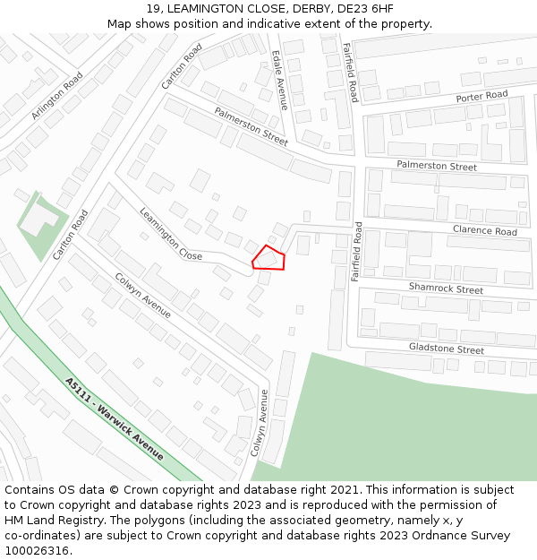 19, LEAMINGTON CLOSE, DERBY, DE23 6HF: Location map and indicative extent of plot