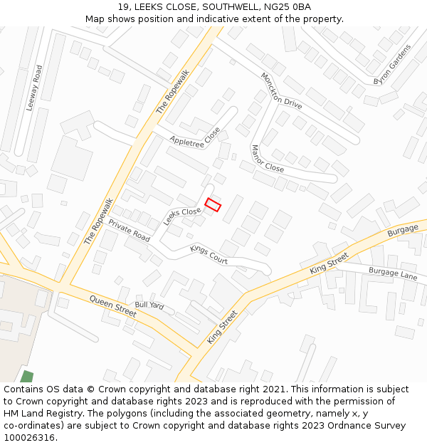 19, LEEKS CLOSE, SOUTHWELL, NG25 0BA: Location map and indicative extent of plot