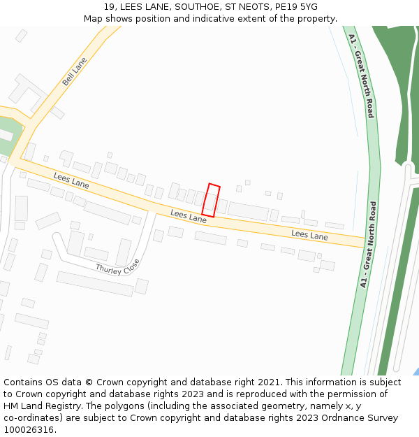 19, LEES LANE, SOUTHOE, ST NEOTS, PE19 5YG: Location map and indicative extent of plot