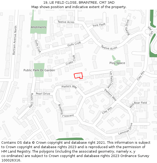 19, LIE FIELD CLOSE, BRAINTREE, CM7 3AD: Location map and indicative extent of plot