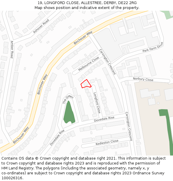 19, LONGFORD CLOSE, ALLESTREE, DERBY, DE22 2RG: Location map and indicative extent of plot