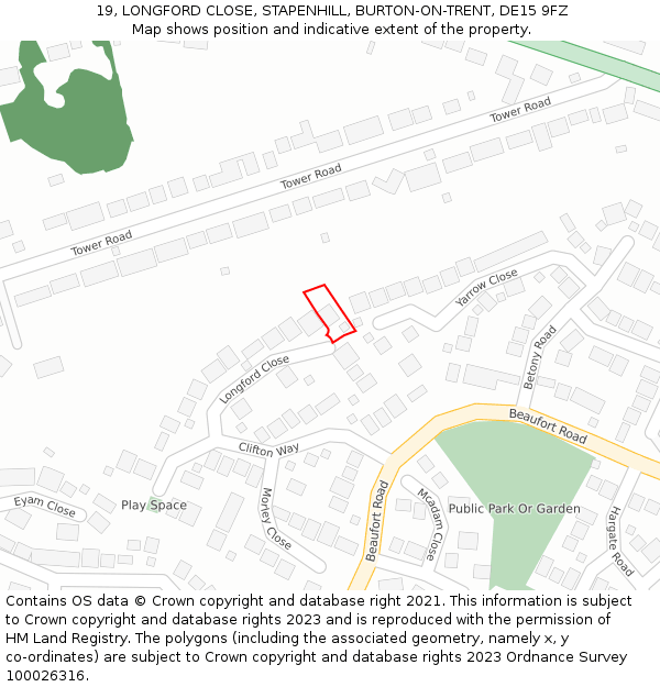19, LONGFORD CLOSE, STAPENHILL, BURTON-ON-TRENT, DE15 9FZ: Location map and indicative extent of plot