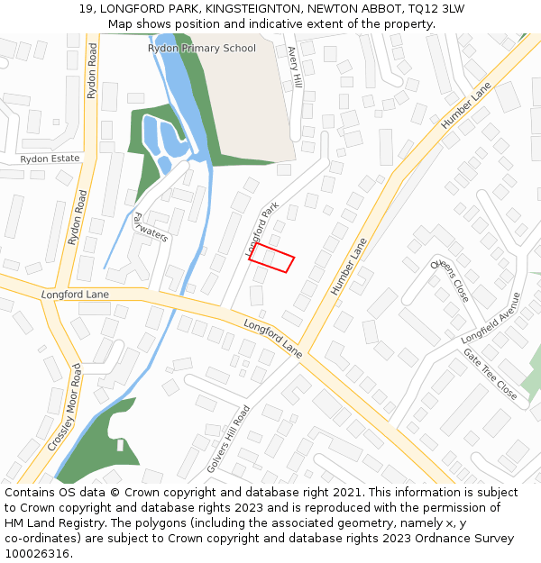 19, LONGFORD PARK, KINGSTEIGNTON, NEWTON ABBOT, TQ12 3LW: Location map and indicative extent of plot