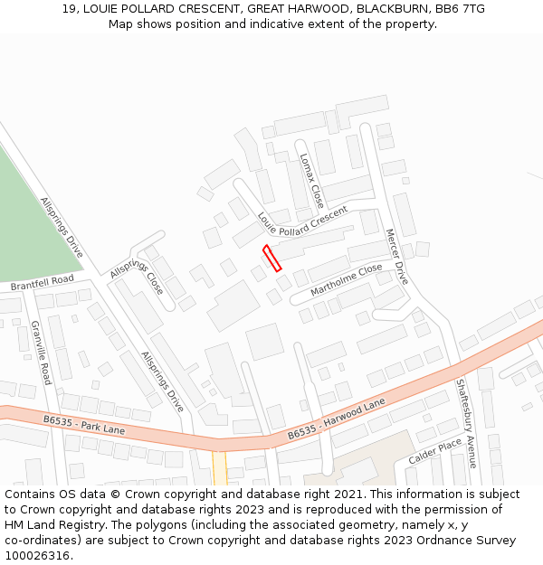 19, LOUIE POLLARD CRESCENT, GREAT HARWOOD, BLACKBURN, BB6 7TG: Location map and indicative extent of plot
