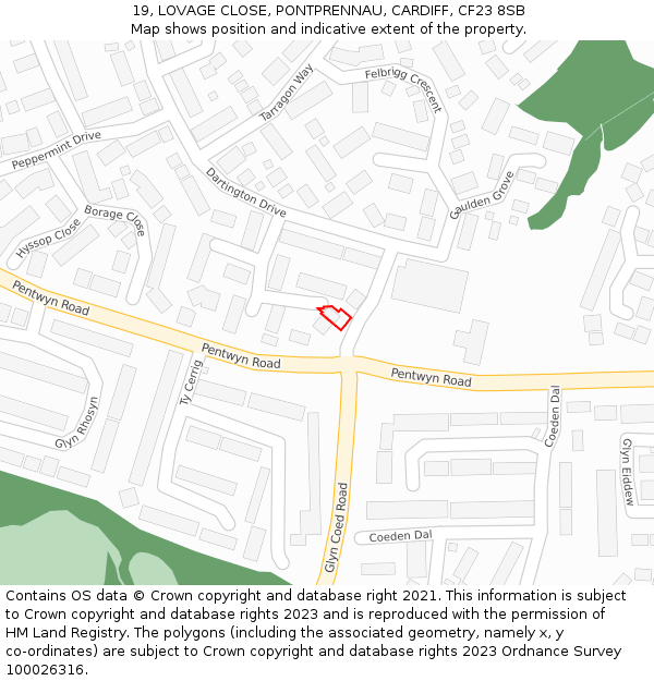 19, LOVAGE CLOSE, PONTPRENNAU, CARDIFF, CF23 8SB: Location map and indicative extent of plot