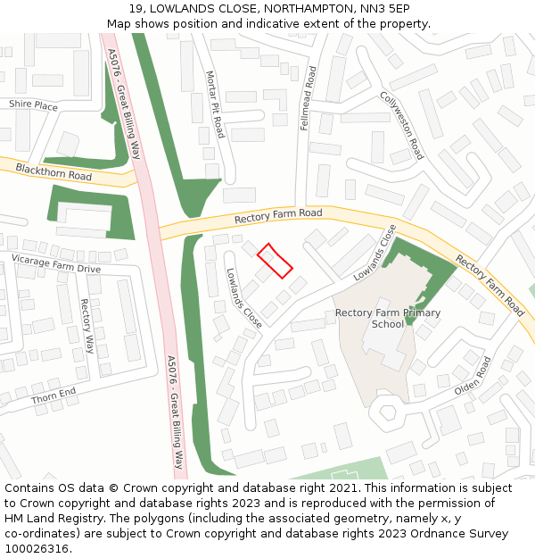 19, LOWLANDS CLOSE, NORTHAMPTON, NN3 5EP: Location map and indicative extent of plot