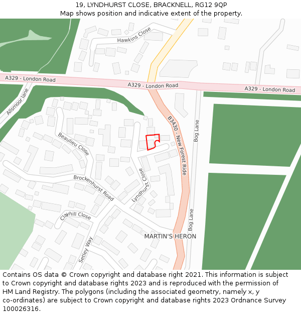 19, LYNDHURST CLOSE, BRACKNELL, RG12 9QP: Location map and indicative extent of plot