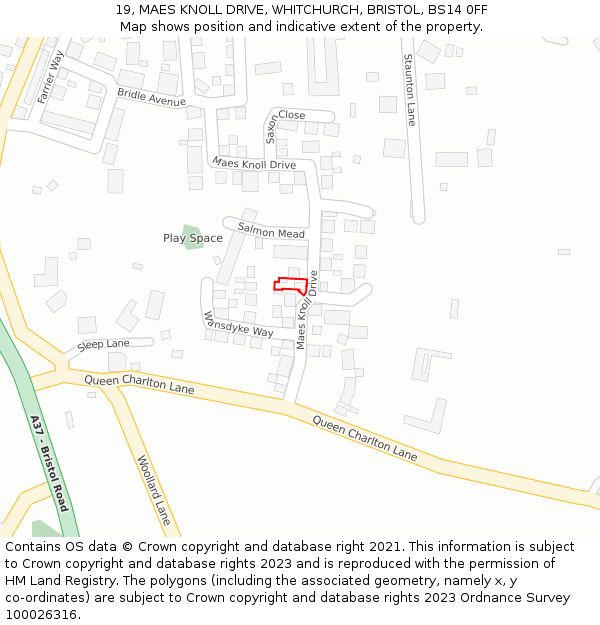 19, MAES KNOLL DRIVE, WHITCHURCH, BRISTOL, BS14 0FF: Location map and indicative extent of plot