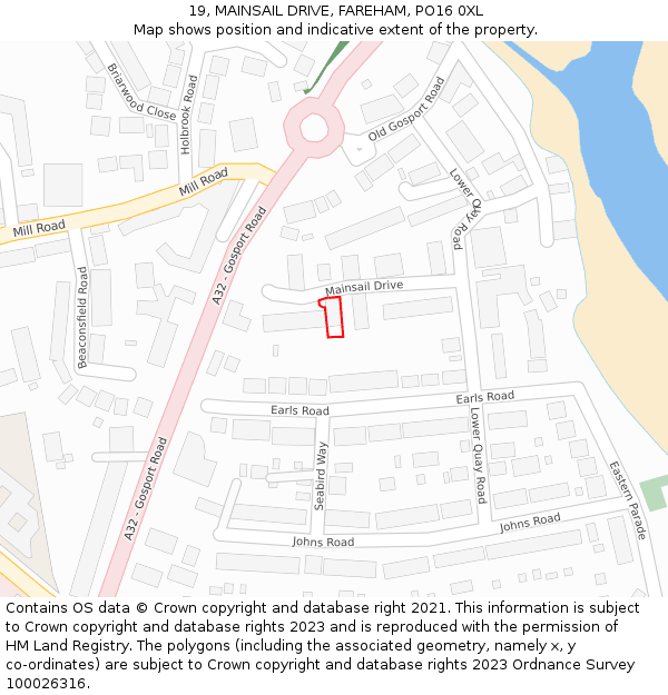 19, MAINSAIL DRIVE, FAREHAM, PO16 0XL: Location map and indicative extent of plot
