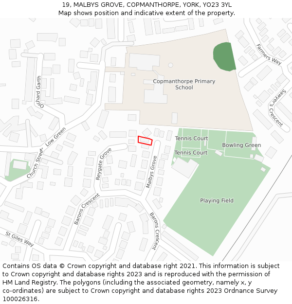 19, MALBYS GROVE, COPMANTHORPE, YORK, YO23 3YL: Location map and indicative extent of plot